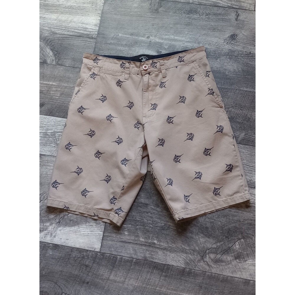 Beverly Hills Polo Club Men's 30 Tan/Blue Marlin Fish Print Flat Front Shorts
